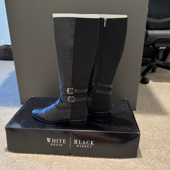White House Black Market Mabry Black Mixed Zipper Flat Boots Sz 7.5 w/Box - Picture 1 of 9